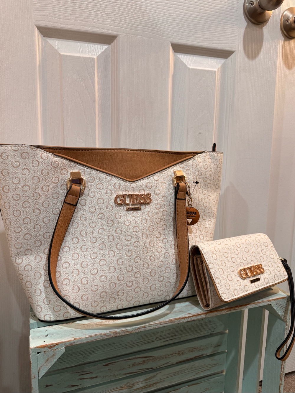 GUESS Cream Monogram Tote with Tan Trim and Matching Wallet